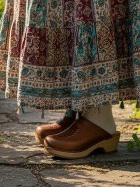 Swedish Bastad-Joffeln Brown Leather Braided on Wood Clogs Size 11.5 Women's